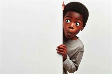 Surprised Black Kid Cautiously Peeks Around A Corner Against A White