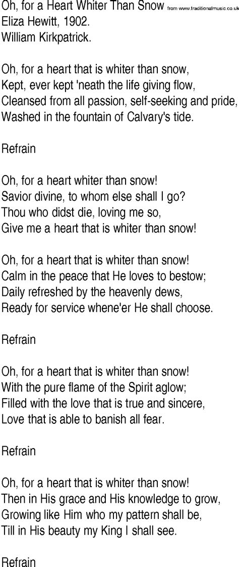 Hymn And Gospel Song Lyrics For Oh For A Heart Whiter Than Snow By