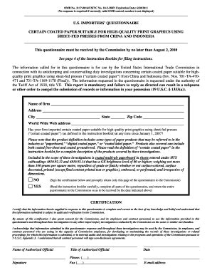 Fillable Online Usitc Us Importers Questionnaire Certain Coated Paper