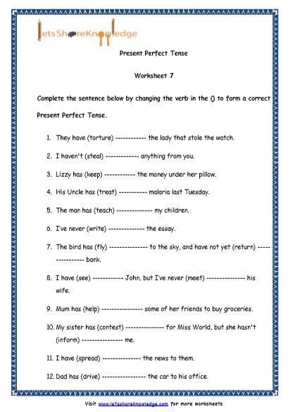 Grade 4 English Resources Printable Worksheets Topic Present Perfect Tenses Perfect Tense