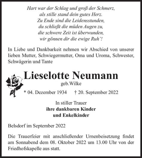 Traueranzeigen Von Lieselotte Neumann Geb Wilke Abschied Nehmen De