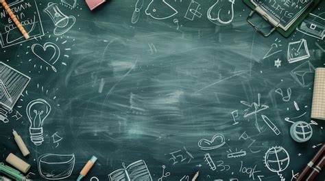 A Green Chalkboard With White Chalk Doodles Of School Supplies Classroom Objects And