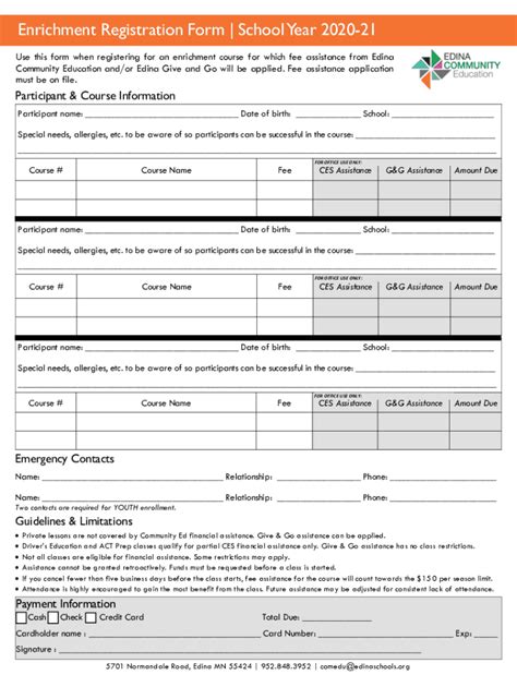 Fillable Online Enrichment Registration Form Strengthening Community