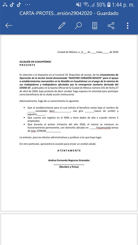 Carta Bajo Protesta de Decir Verdad y Solicitud de Ingreso a la Acción