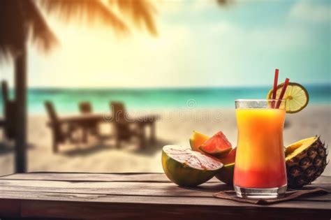 Sipping A Refreshing Tropical Cocktail On A Sandy Beach Bar Table