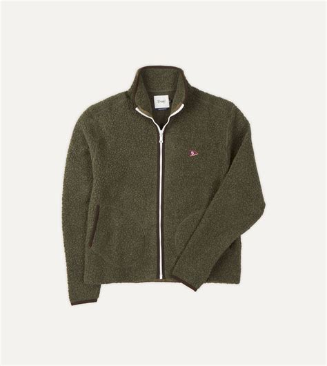 Green Boucle Wool Zip Fleece Jacket Drakes