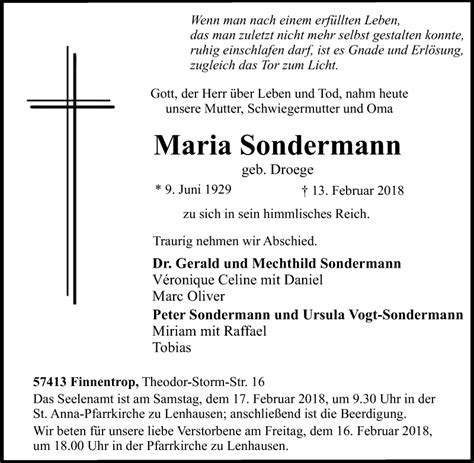 Traueranzeigen Von Maria Sondermann Trauer In Nrw De