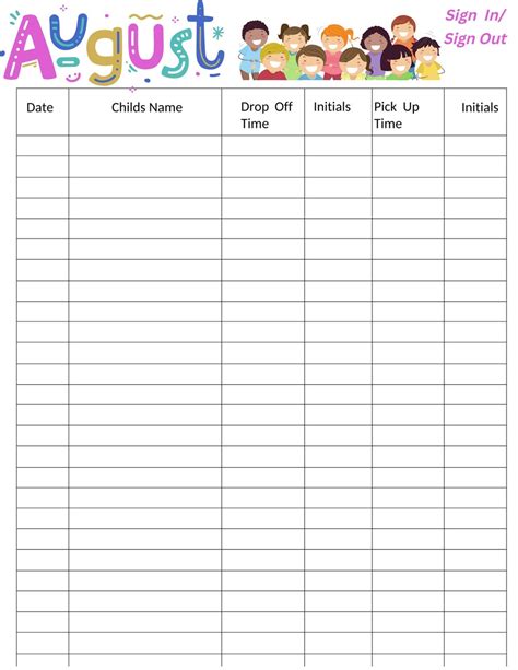 Sign In Sign Out Sheet Daycare Template Childcare Template Digitial