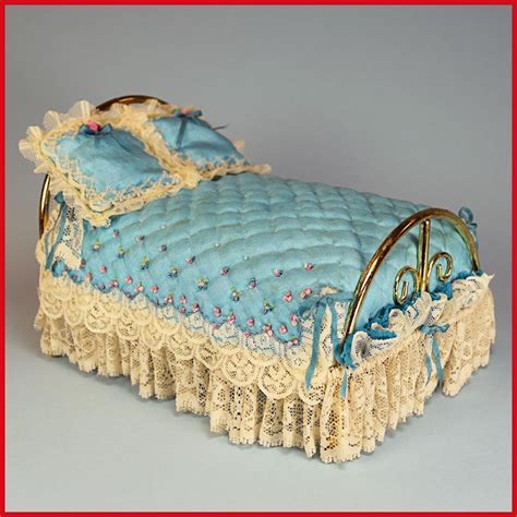 Dollhouse Miniature Brass Bed With Hand Embroidered Quilted Silk