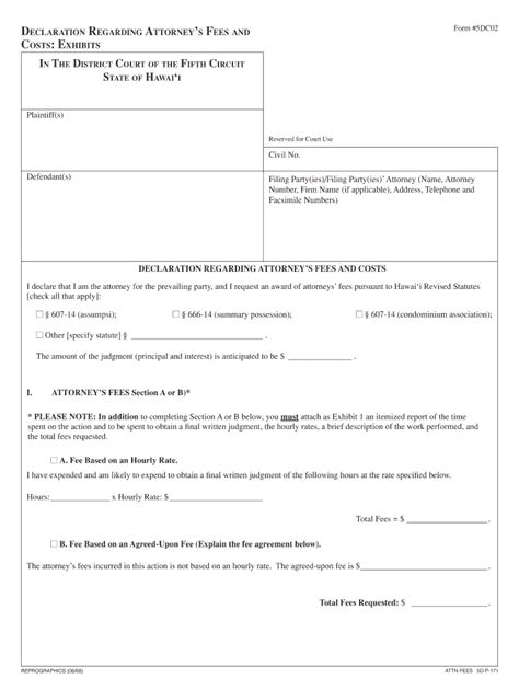 Declaration Regarding Attorneys Fees And Costs Hawaii Form Fill Out