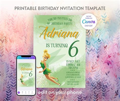 Printable Fairy Tinkerbell Fairy Birthday Invitation Tinker Bell