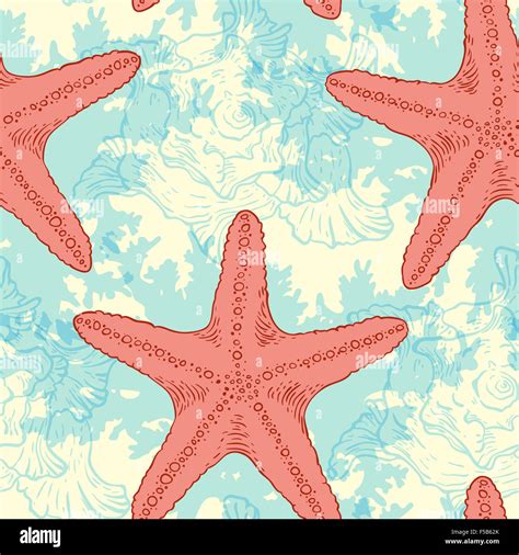 Marine Seamless Pattern With Sea Shells And Starfish Stock Photo Alamy