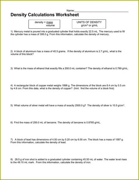 Mass Volume And Density Worksheet Answer Key