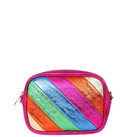 Msh Fuchsia Rainbow Metallic Striped Italian Leather Camera Bag