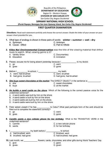 First Periodical Test Republic Of The Philippines Department Of Education Region Vi Western