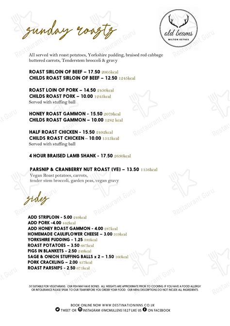 Menu at Old Beams pub & bar, Milton Keynes