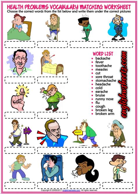 Health Problems ESL Vocabulary Matching Exercise Worksheet Worksheets