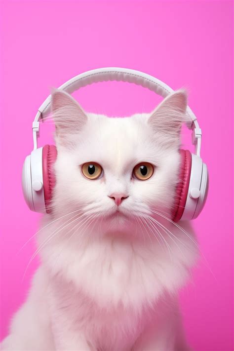 Portrait Photography Of A White Cat Wearing Headphones In A Pink Background Simplistic