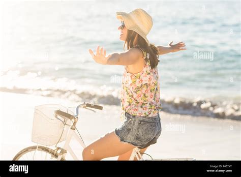 Pretty Brunette Woman Going On A Bike Ride Stock Photo Alamy