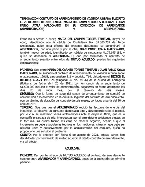 Terminacion Contrato Arrendamiento Terminacion Contrato De Arrendamiento De Vivienda Urbana