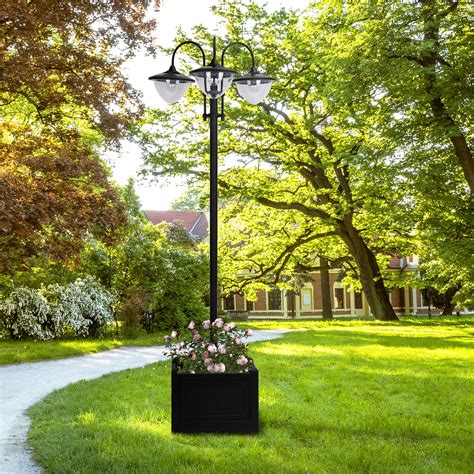 Outsunny Extra Bright 3 Head Solar Powered Lamp Post With Planter For Patio And Garden Outdoor