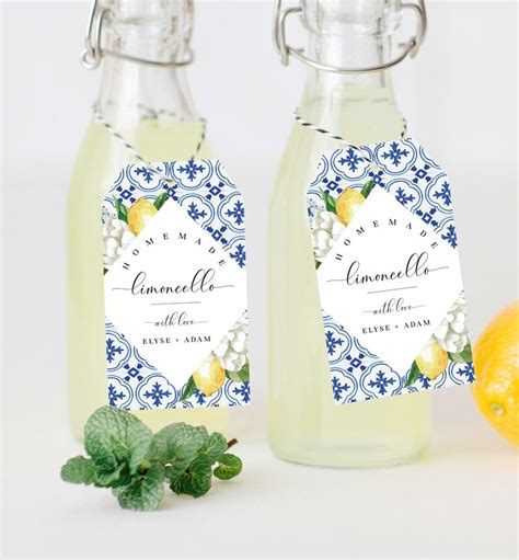 Printable Homemade Limoncello Favor Tags Mediterranean Blue Tile Lemon