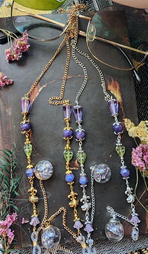 Lavandula Silver Or Gold Eyeglass Chain Czech Crystal Real Lavender Cottagecore Cute Witch Chain