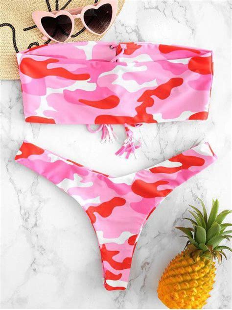 Camo Lace Up Bralette Bikini Set Hot Pink Medium Women S Fashion