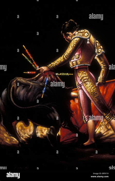 Black velvet painting of matador, bull fighter, Ki Huic market, city of ...