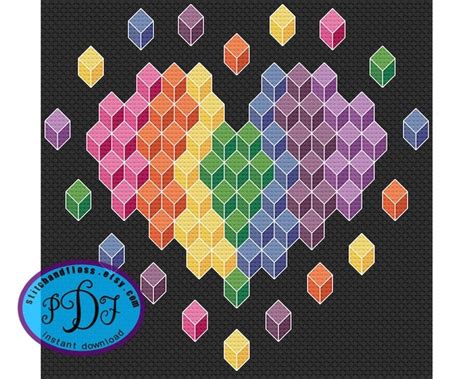 3D Rainbow Cubes Heart Full Color Or Blackwork Pattern Small Counted