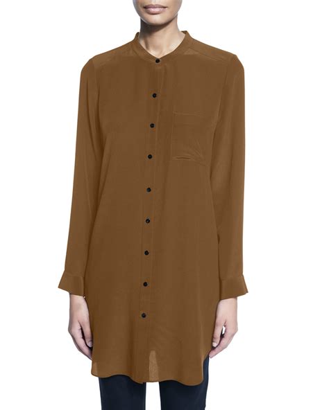 Eileen Fisher Long Sleeve Silk Tunic Shirt In Brown Lyst