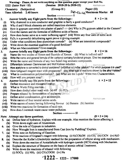 Th Class Chemistry Past Paper Sargodha Board Group Subjective