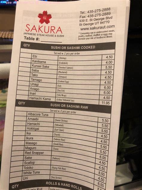 Menu at Sakura restaurant, St. George