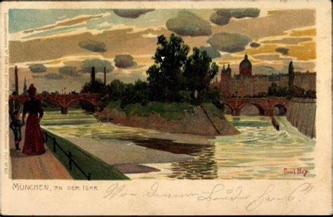 Künstler Litho Hey P München An der Isar Brücke akpool de