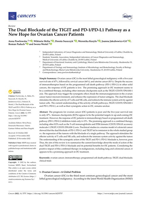 Pdf The Dual Blockade Of The Tigit And Pd 1 Pd L1 Pathway As A New Hope For Ovarian Cancer