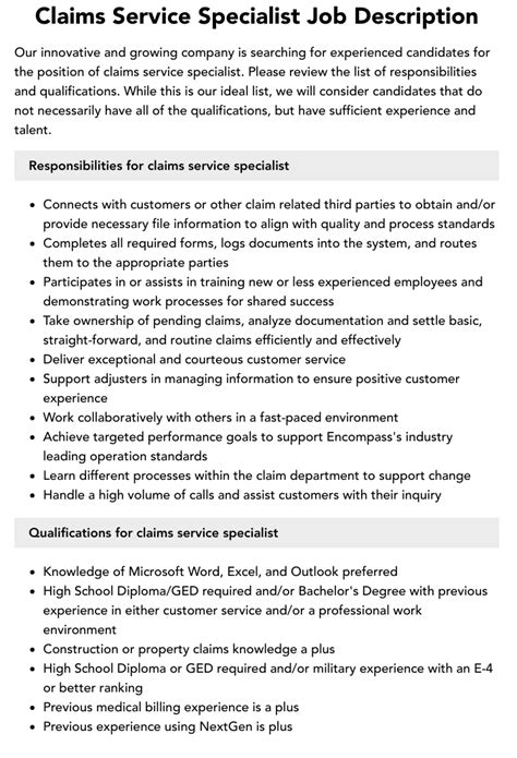 Claims Service Specialist Job Description Velvet Jobs