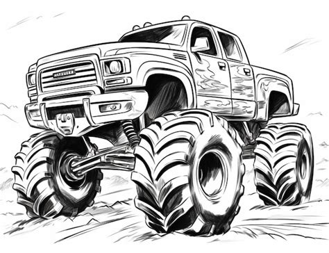 Premium Photo A Drawing Of A Monster Truck With Large Tires Driving