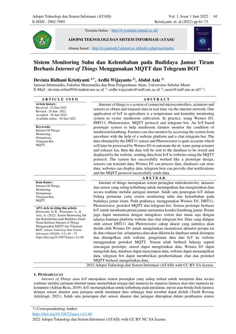 Pdf Sistem Monitoring Suhu Dan Kelembaban Pada Budidaya Jamur Tiram Berbasis Internet Of