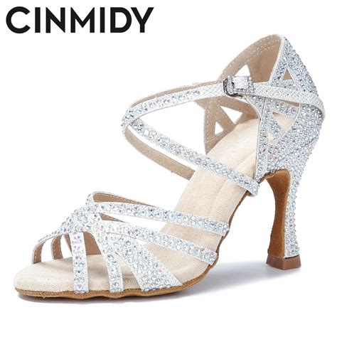 CINMIDY Satin Glitter Dance Shoes Women Rhinestone Latin Dance Shoes