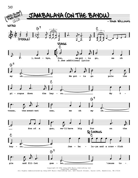 Jambalaya On The Bayou By Hank Williams Sheet Music For Real Book Melody Lyrics And Chords At