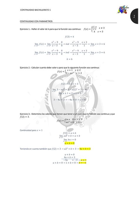 Continuidad 240207 164946 1 Continuidad Con Parametros Ejercicio 1 Hallar El Valor De K Para