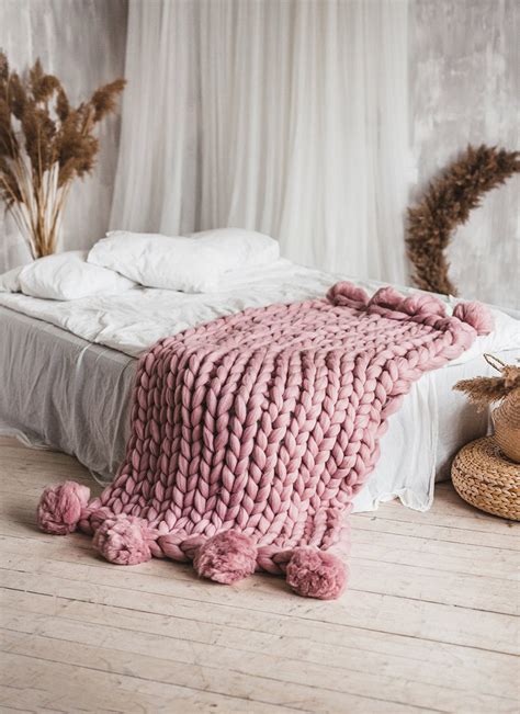 Pom Pom Chunky Knit Throw Blanket Praise Wedding Shop