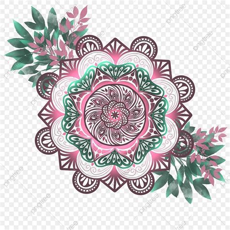 Design De Folhas De Mandala Verde E Rosa De Luxo PNG Decoração