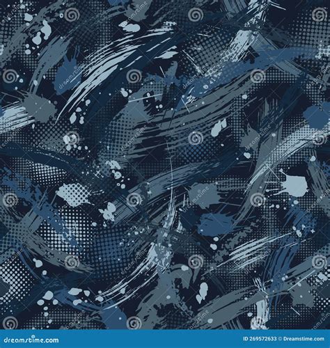 Seamless Blue Camouflage Pattern With Grunge Paint Brush Strokes Stock