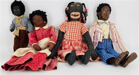 Lot 4 Vintage Black Americana Cloth Dolls Including Toaster Cover With Embroidered Face Man