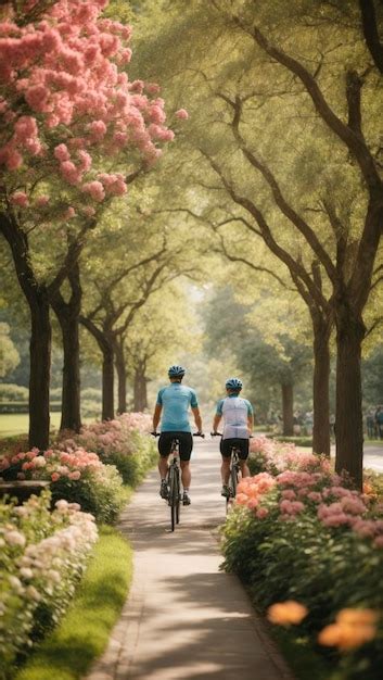 Premium Photo Two People Riding Bikes Down A Path Lined With Trees