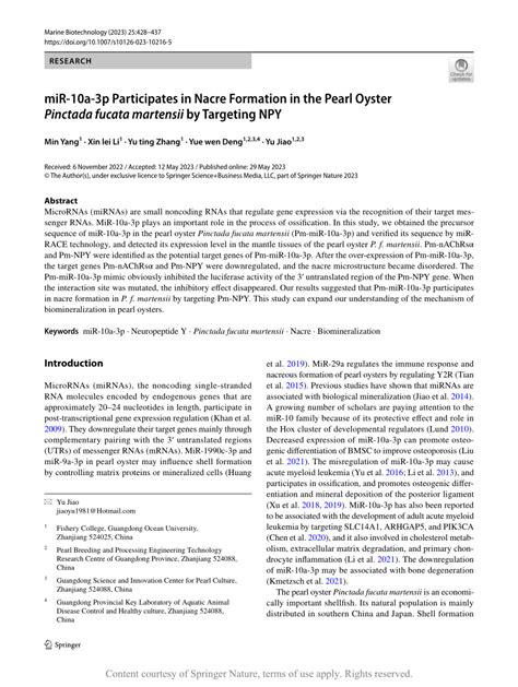 miR-10a-3p Participates in Nacre Formation in the Pearl Oyster Pinctada fucata martensii by ...