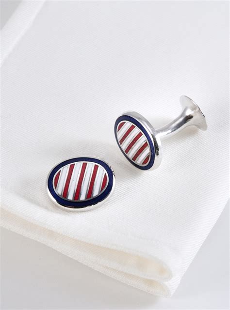 Oval Cufflinks In Navy With Red And White Stripes The Ben Silver