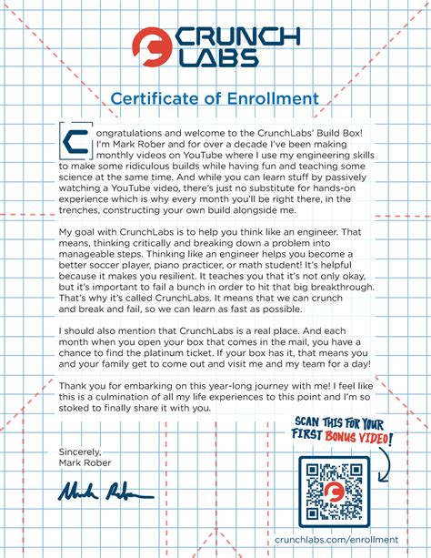 Crunch Labs Certificate Of Enrollment Ongratulations And Welcome To