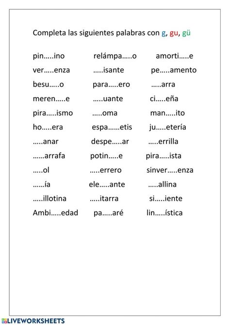 Ortografía g gü gu worksheet Palabras con g Ortografía
